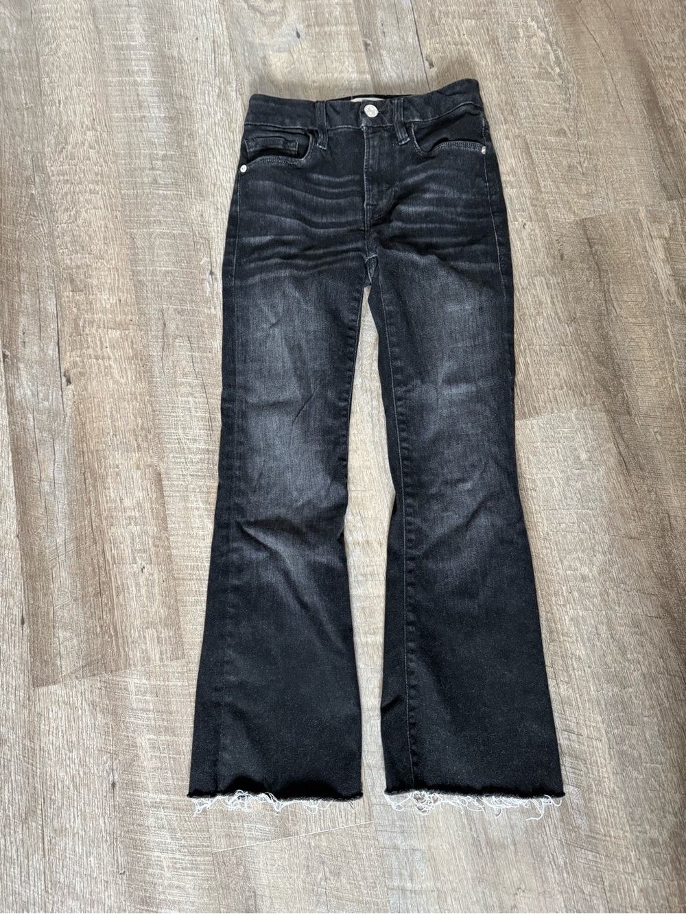 FRAME Denim Le Crop Mini Boot Black Faded Flare Jeans with Raw Hem, Size 24
